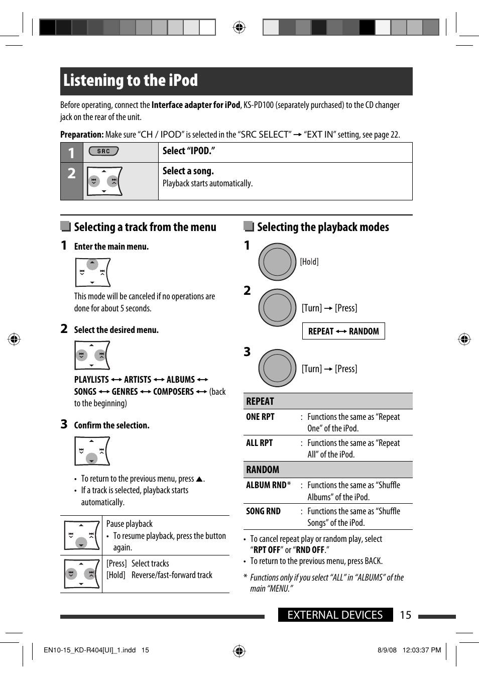 Listening to the ipod, Selecting a track from the menu, Selecting the playback modes | JVC GET0570-001A User Manual | Page 57 / 198