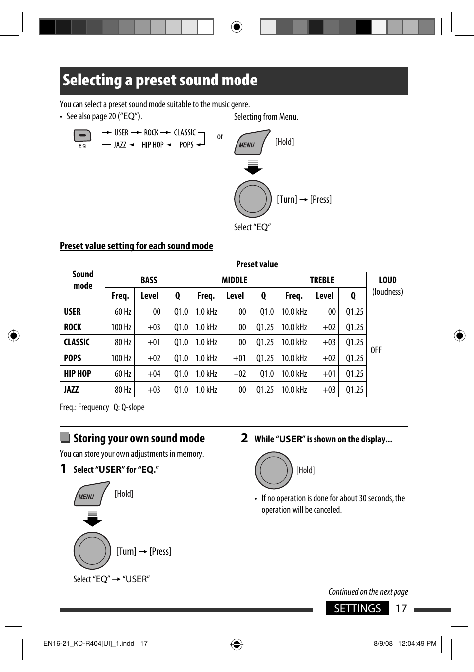 Selecting a preset sound mode, Storing your own sound mode, 17 settings | JVC GET0570-001A User Manual | Page 59 / 198