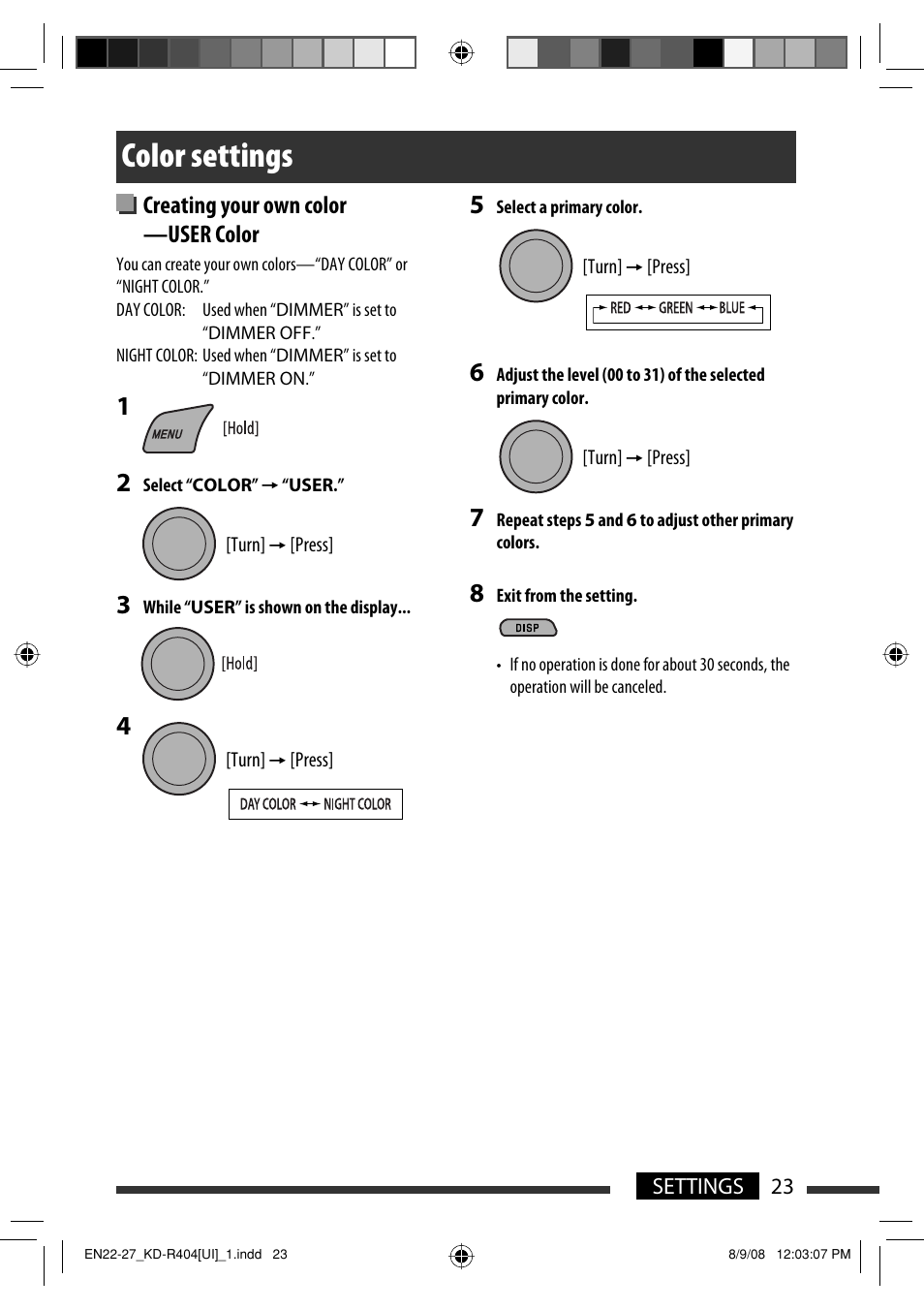 Color settings, Creating your own color —user color | JVC GET0570-001A User Manual | Page 65 / 198