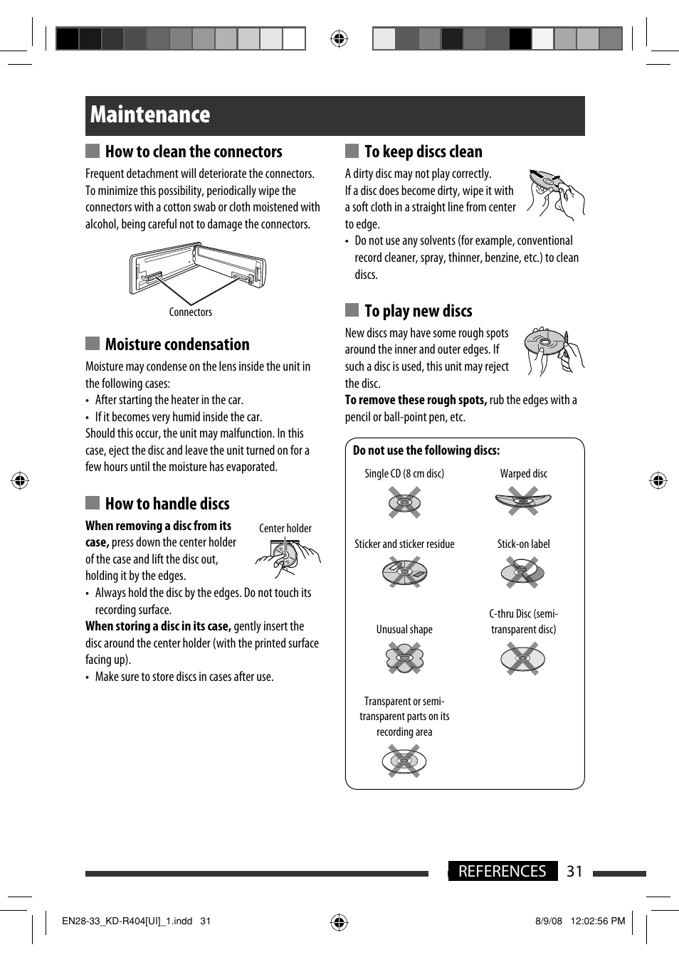 Maintenance, How to clean the connectors, Moisture condensation | How to handle discs, 31 references | JVC GET0570-001A User Manual | Page 73 / 198