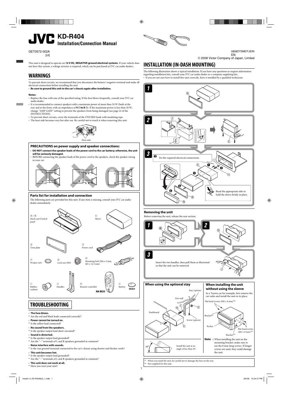 Installation/connection manual, Warnings, Parts list for installation and connection | Troubleshooting, Installation, Removing the unit, Kd-r404, Installation (in-dash mounting), When installing the unit without using the sleeve, When using the optional stay | JVC GET0570-001A User Manual | Page 77 / 198