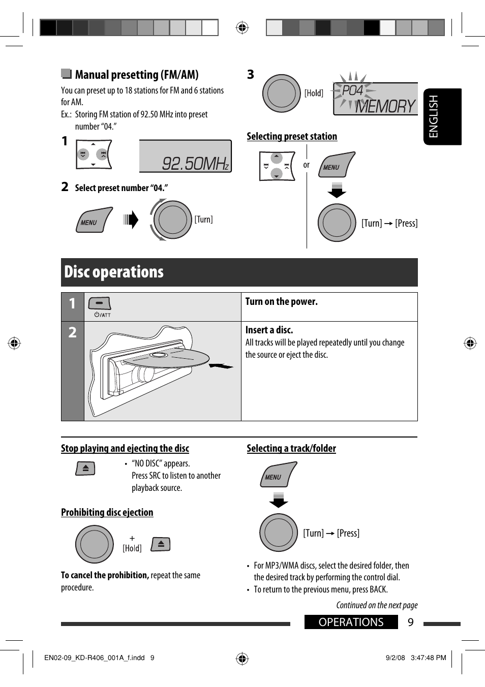 Disc operations, Manual presetting (fm/am) | JVC GET0570-001A User Manual | Page 87 / 198