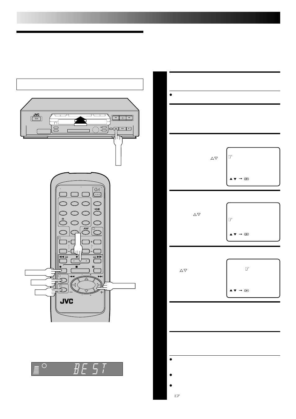 B.e.s.t. picture system, Recording (cont.), Recording | Load a cassette, Access main menu screen, Access function set screen, Access b.e.s.t. screen, Select mode, Return to normal screen, Start recording | JVC FST-GTK2I HR-J240E User Manual | Page 12 / 32