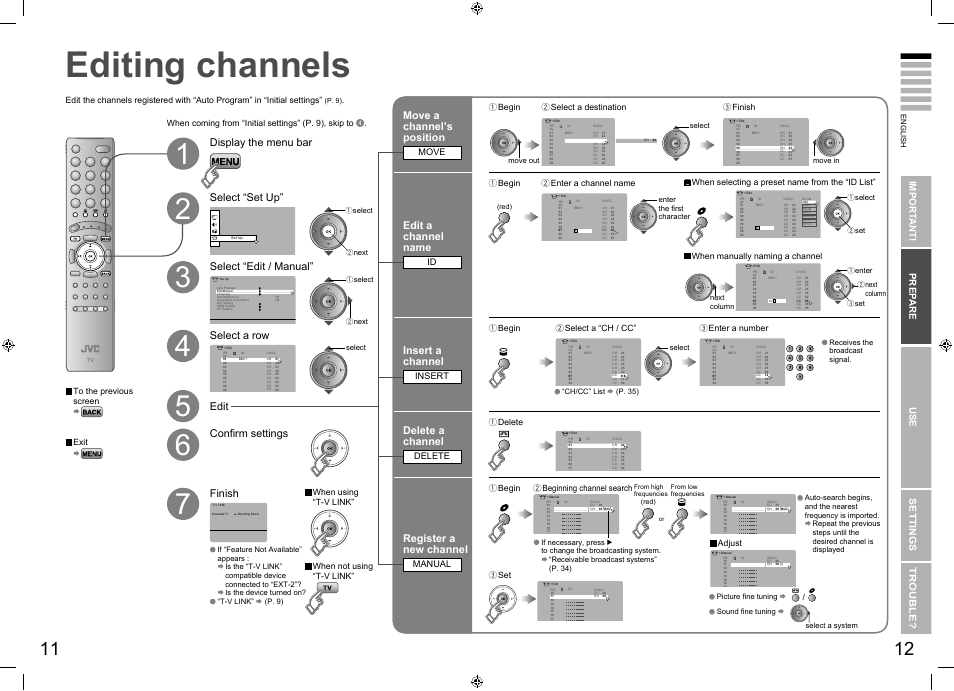 Editing channels, Registering channels, Editing channels ····························· 11 | Select a row edit move a channel’s position, Edit a channel name, Insert a channel, Delete a channel, Register a new channel, Import ant! prep are use settings trouble, Move | JVC SU LT-26E70BU User Manual | Page 10 / 22