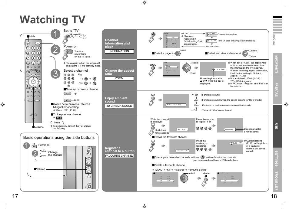 Watching tv, Watching tv ··································· 17, Basic operations using the side buttons | JVC SU LT-26E70BU User Manual | Page 13 / 22