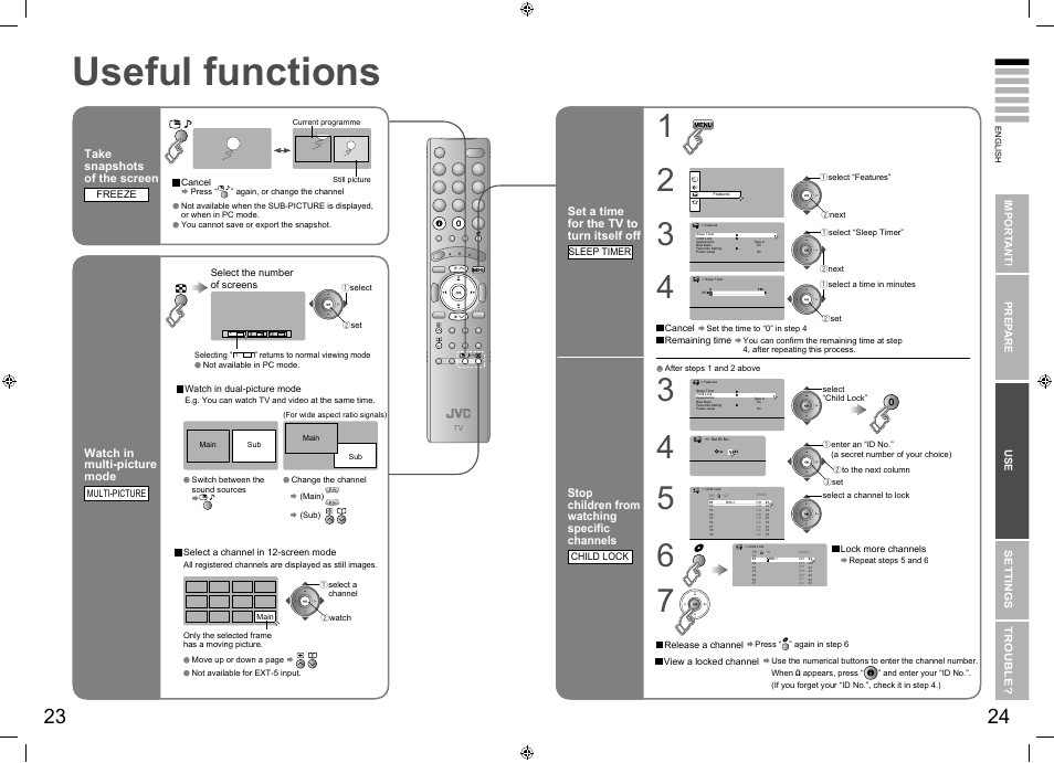 Try the advanced features, Useful functions, Take a snapshot | View and search in multi-picture mode, Sleep timer” / “child lock, Useful functions ······························ 23, Take snapshots of the screen, Watch in multi-picture mode, Set a time for the tv to turn itself off, Stop children from watching specific channels | JVC SU LT-26E70BU User Manual | Page 16 / 22