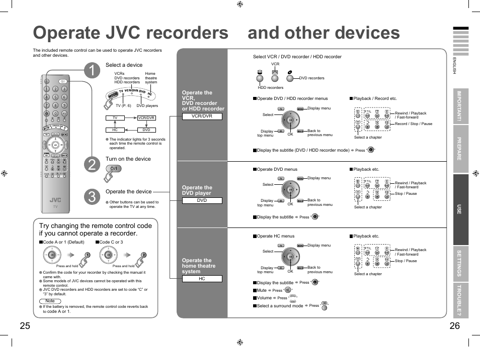 Operate jvc recorders and other devices, Operate jvc recorders and other devices ····25, Operate jvc recorders | And other devices | JVC SU LT-26E70BU User Manual | Page 17 / 22
