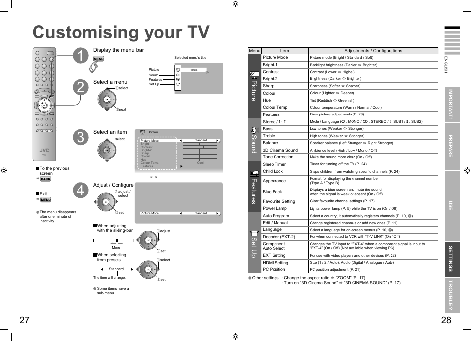 Just the way you like it, Customising your tv, Customising your tv ······················ 27 | Picture, Sound, Features, Set up | JVC SU LT-26E70BU User Manual | Page 18 / 22