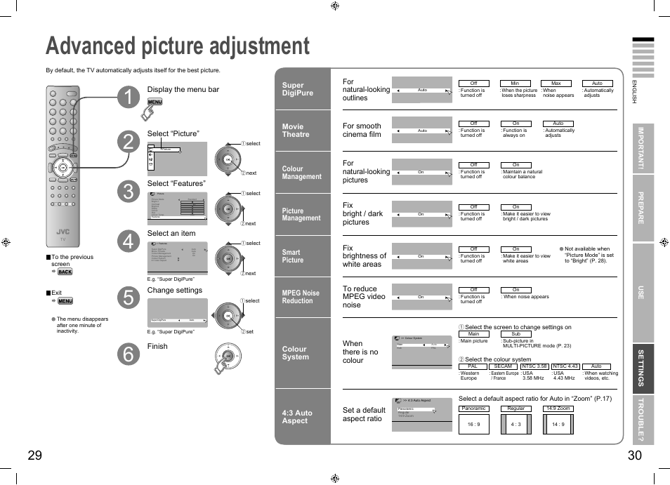Advanced picture adjustment, Reduce noise / watch a more natural picture, Set the aspect ratio, etc | Advanced picture adjustment ········· 29 | JVC SU LT-26E70BU User Manual | Page 19 / 22