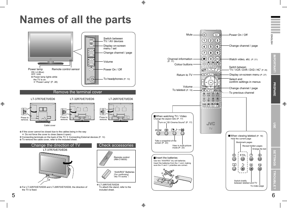 Getting started, Names of all the parts, Names of all the parts ······················ 5 | Check accessories | JVC SU LT-26E70BU User Manual | Page 7 / 22