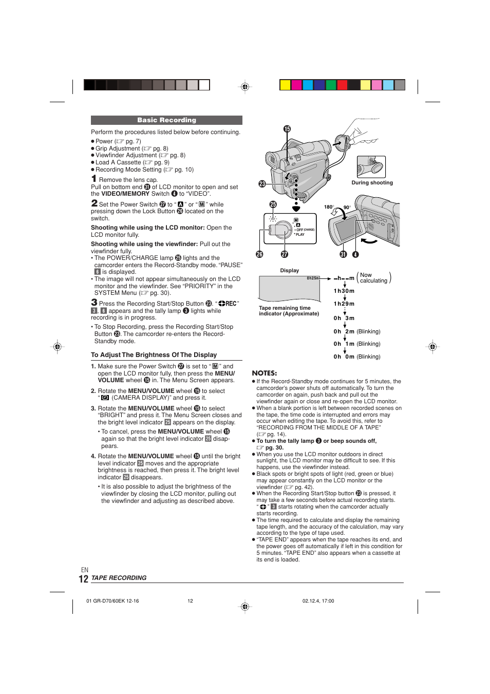 Tape recording, E% y u t | JVC GR-D70  EN User Manual | Page 12 / 56