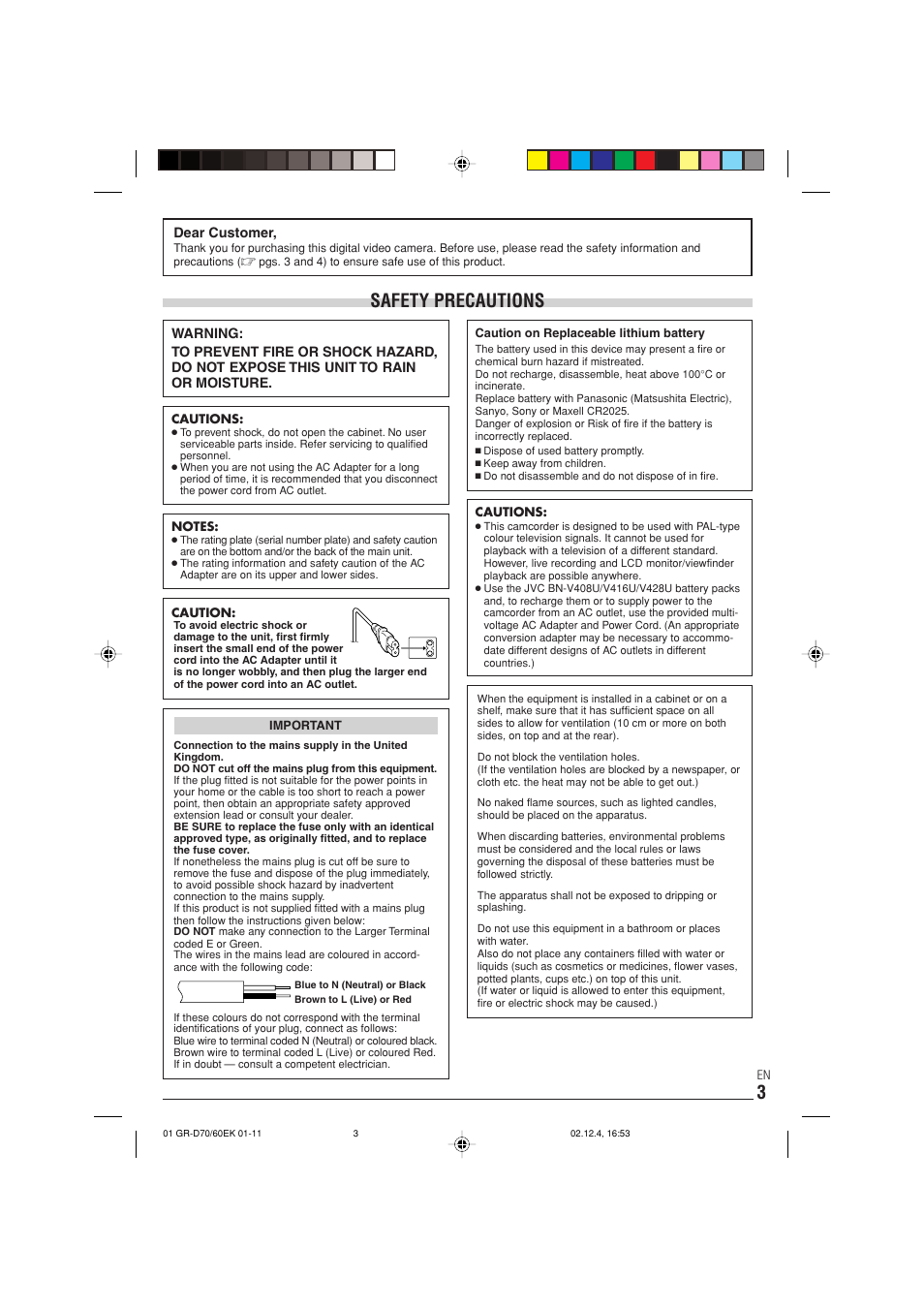 Safety precautions | JVC GR-D70  EN User Manual | Page 3 / 56