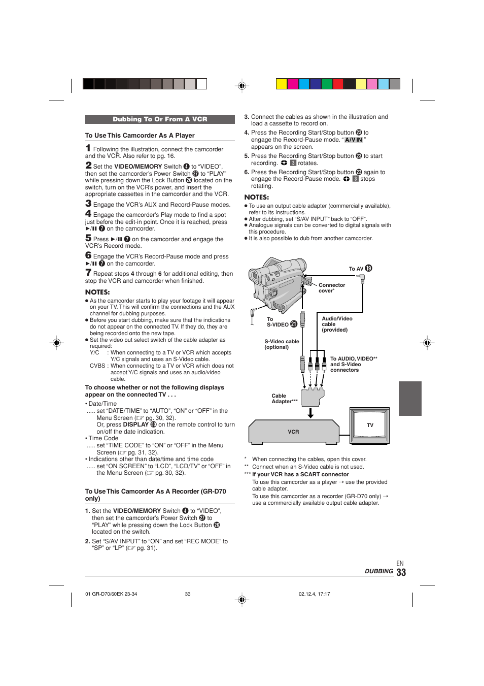 Dubbing | JVC GR-D70  EN User Manual | Page 33 / 56