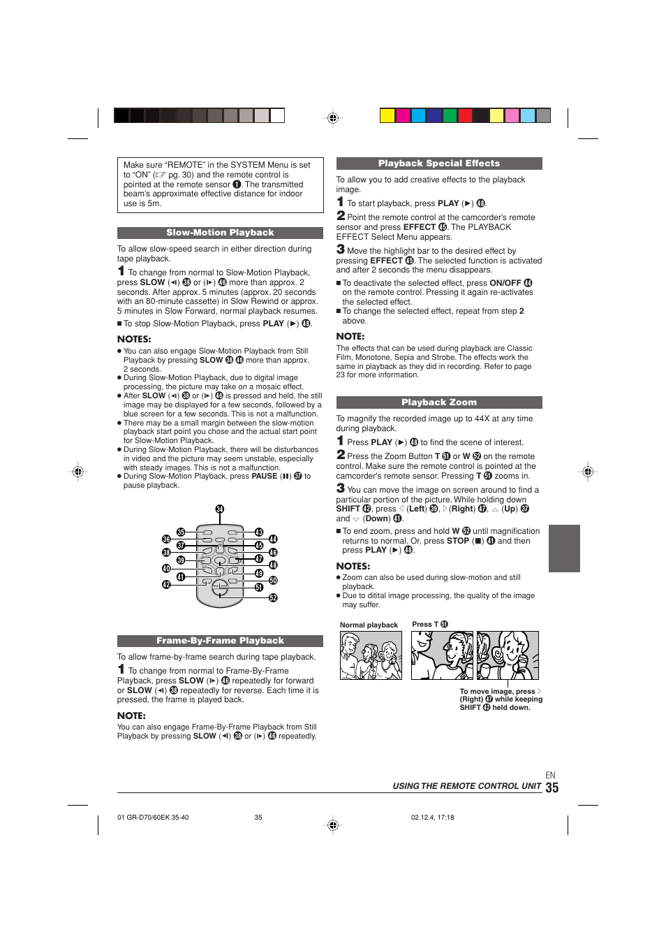 Using the remote control unit | JVC GR-D70  EN User Manual | Page 35 / 56