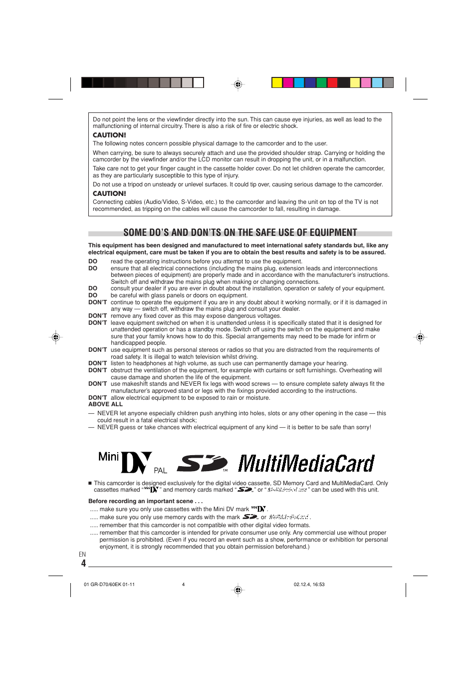 Some do’s and don’ts on the safe use of equipment | JVC GR-D70  EN User Manual | Page 4 / 56