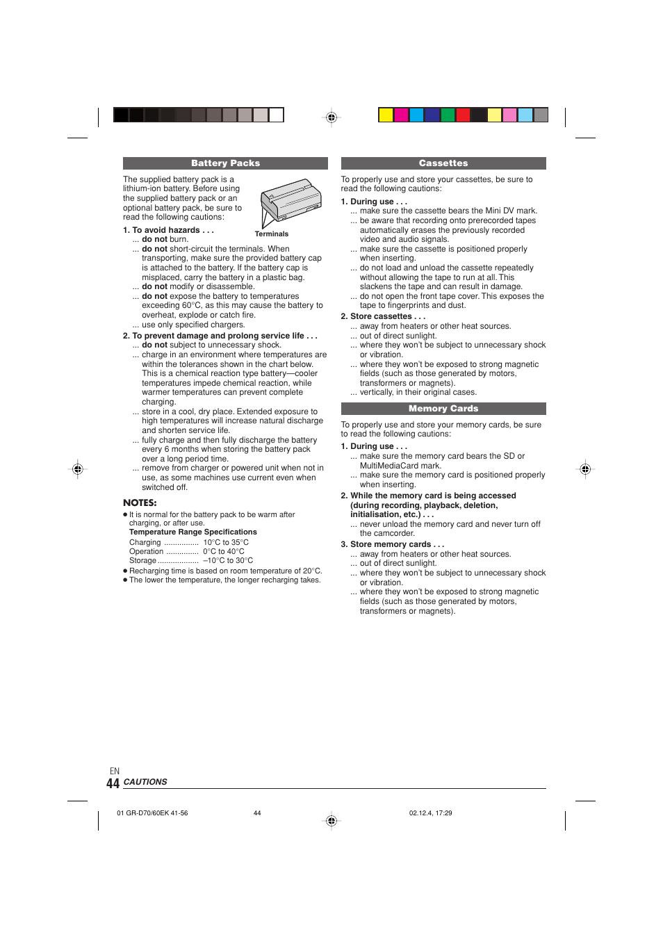 Cautions | JVC GR-D70  EN User Manual | Page 44 / 56