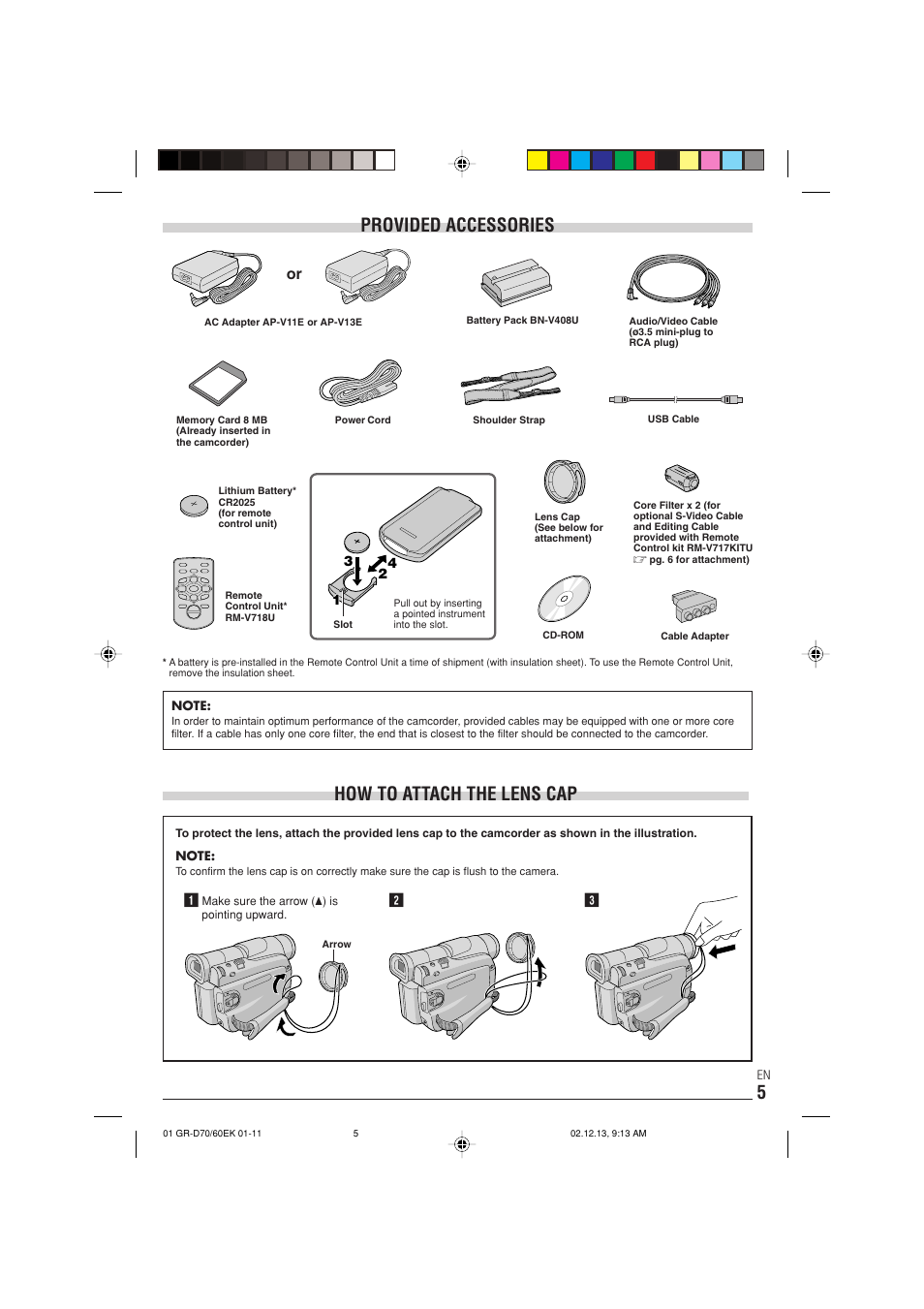 Provided accessories, How to attach the lens cap | JVC GR-D70  EN User Manual | Page 5 / 56