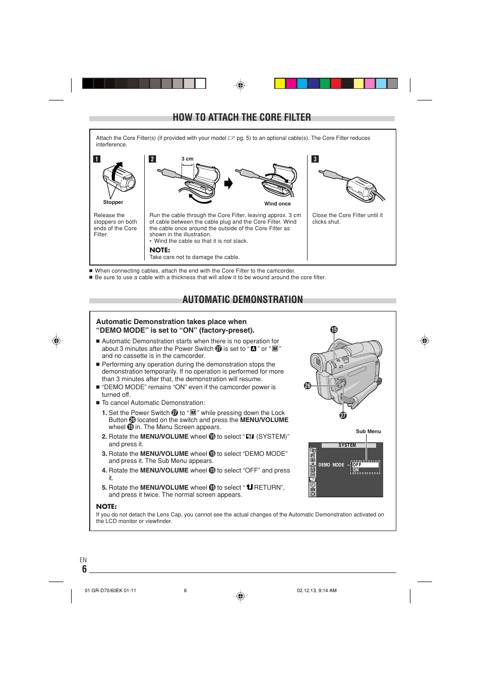 Automatic demonstration, How to attach the core filter, U% y | JVC GR-D70  EN User Manual | Page 6 / 56