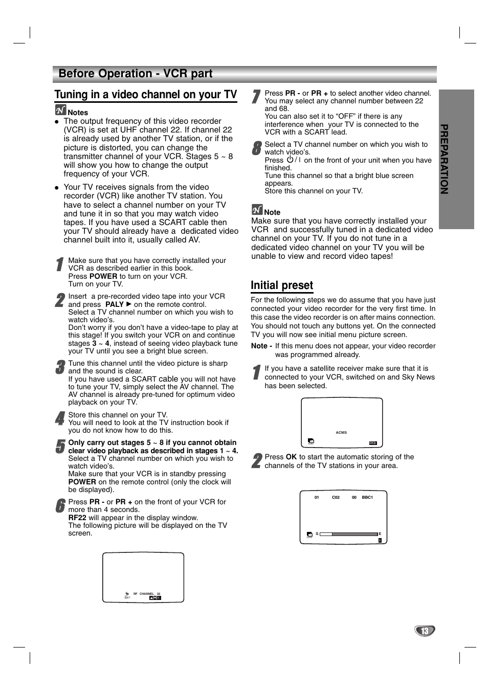 Before operation - vcr part, Tuning in a video channel on your tv, Initial preset | JVC 3834RP0093F User Manual | Page 13 / 41