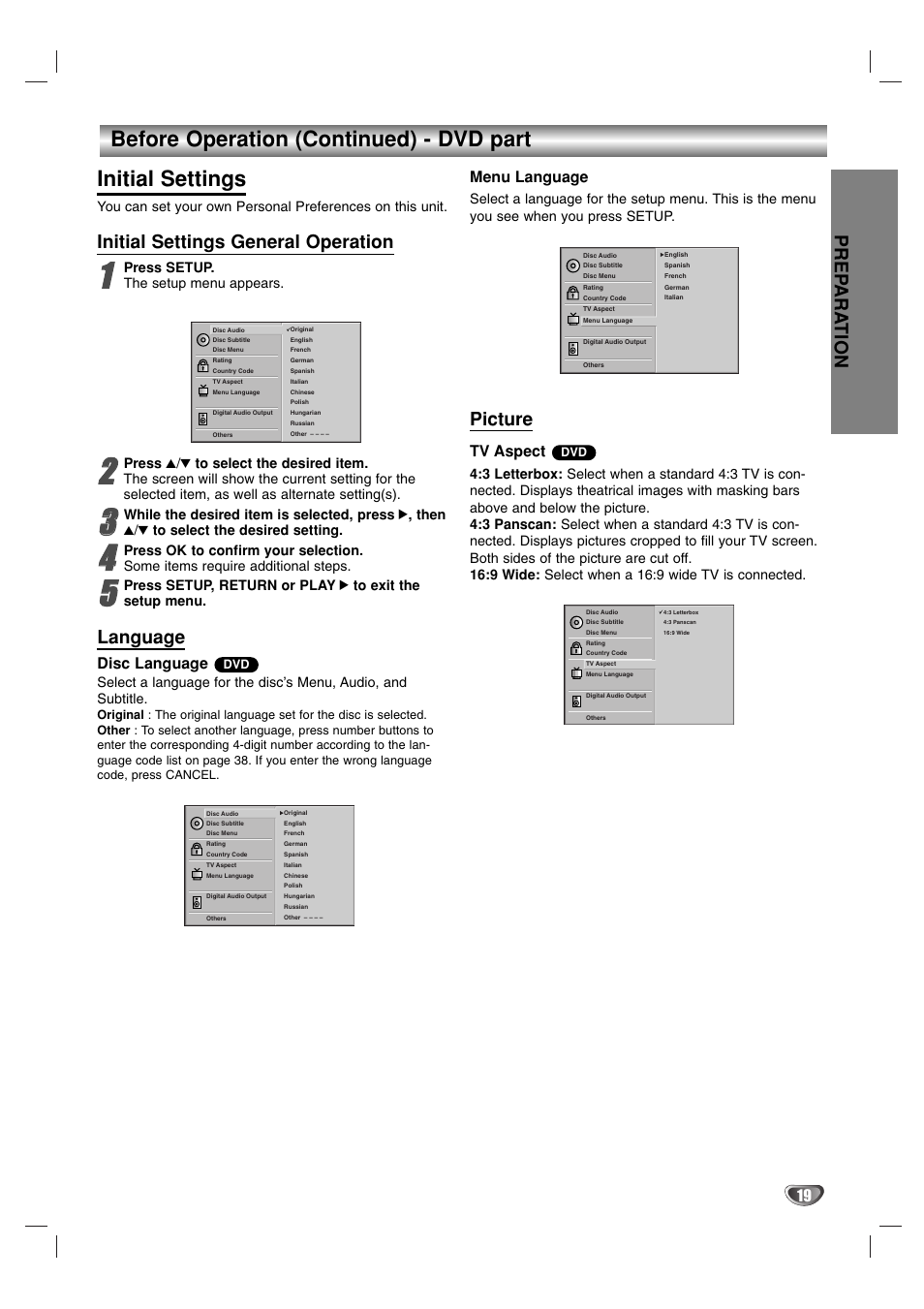 Before operation (continued) - dvd part, Initial settings, Prep ara tion | Initial settings general operation, Language, Picture, Disc language, Menu language, Tv aspect | JVC 3834RP0093F User Manual | Page 19 / 41