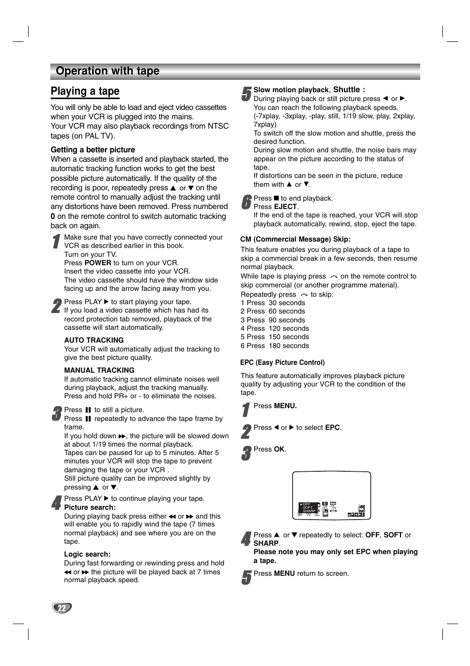 Operation, Operation with tape, Playing a tape | JVC 3834RP0093F User Manual | Page 22 / 41