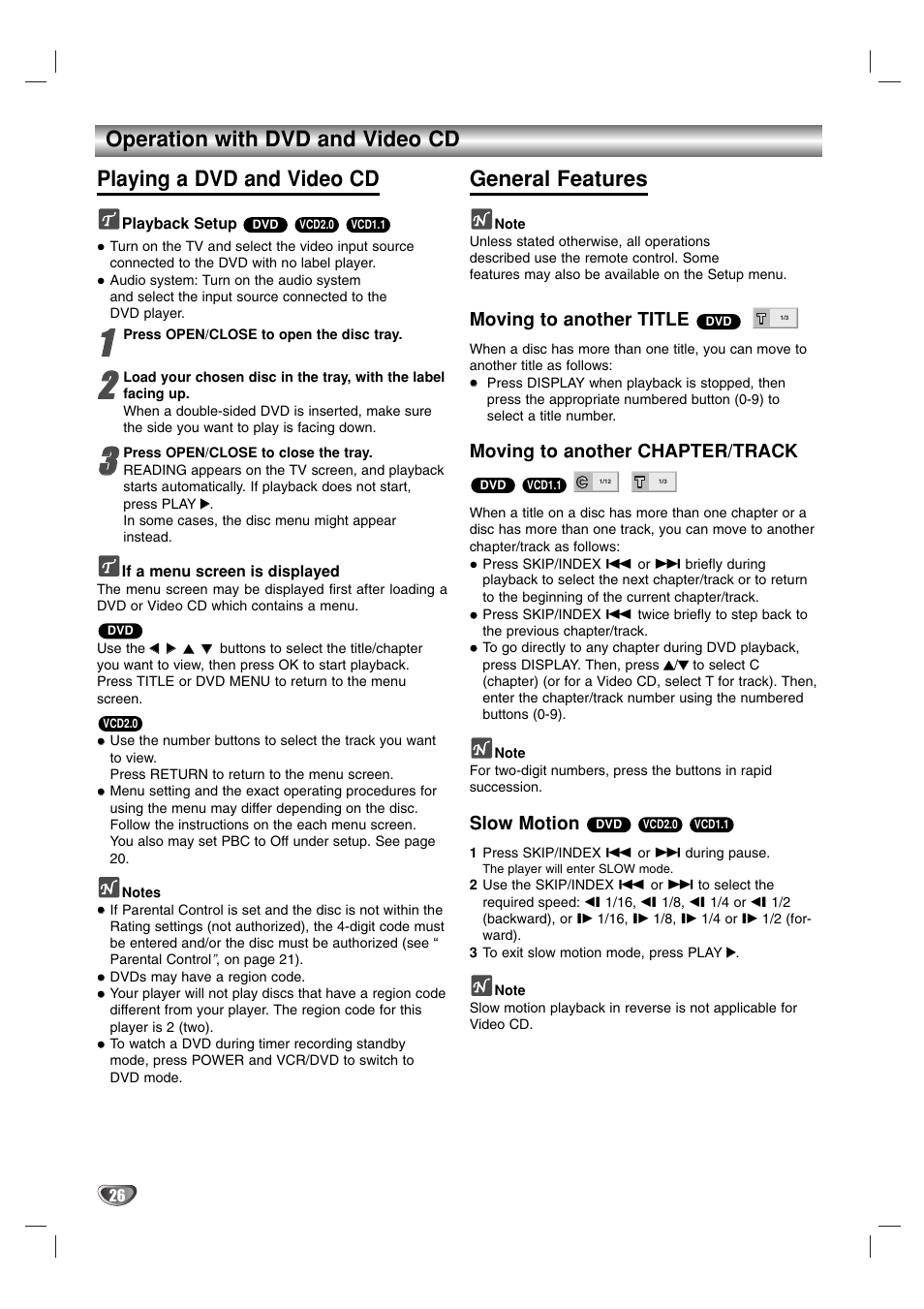 General features, Moving to another title, Moving to another chapter/track | Slow motion | JVC 3834RP0093F User Manual | Page 26 / 41