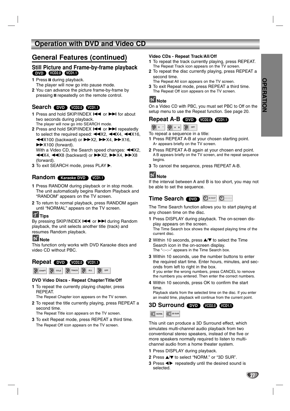 Opera tion, Still picture and frame-by-frame playback, Search | Random, Repeat, Repeat a-b, Time search, 3d surround | JVC 3834RP0093F User Manual | Page 27 / 41