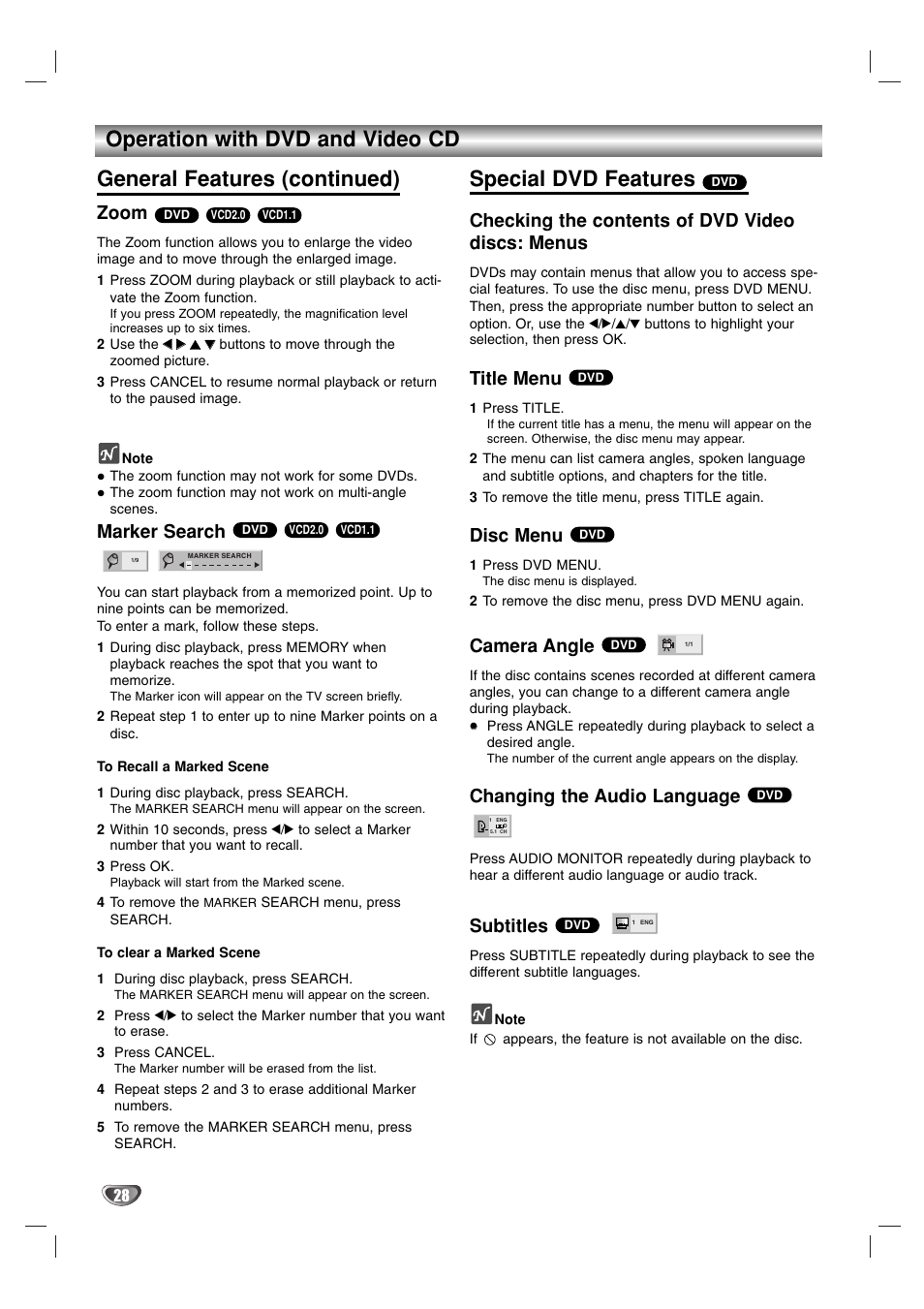 Special dvd features, Zoom, Marker search | Checking the contents of dvd video discs: menus, Title menu, Disc menu, Camera angle, Changing the audio language, Subtitles | JVC 3834RP0093F User Manual | Page 28 / 41