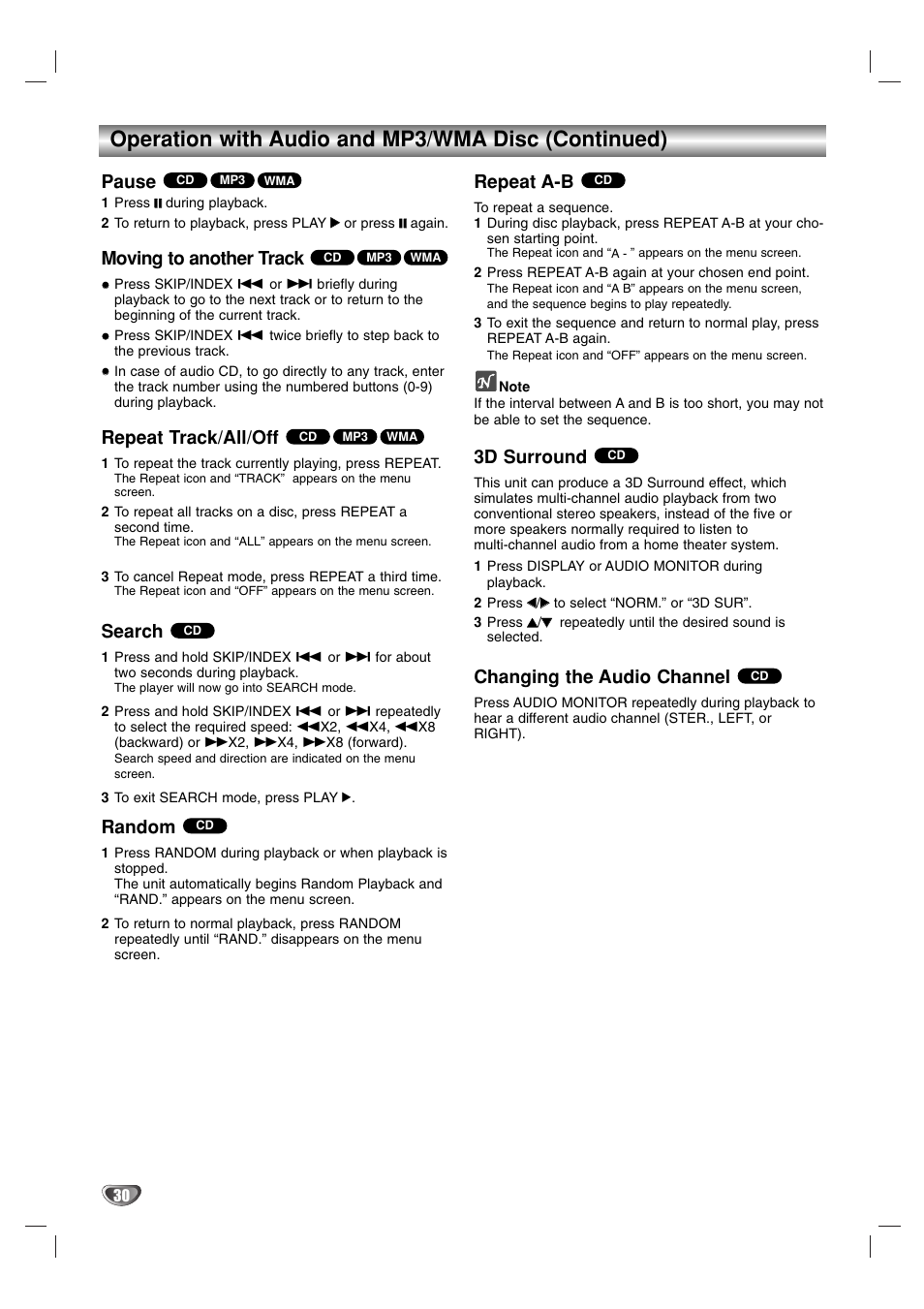 Operation with audio and mp3/wma disc (continued), Pause, Moving to another track | Repeat track/all/off, Search, Random, Repeat a-b, 3d surround, Changing the audio channel | JVC 3834RP0093F User Manual | Page 30 / 41