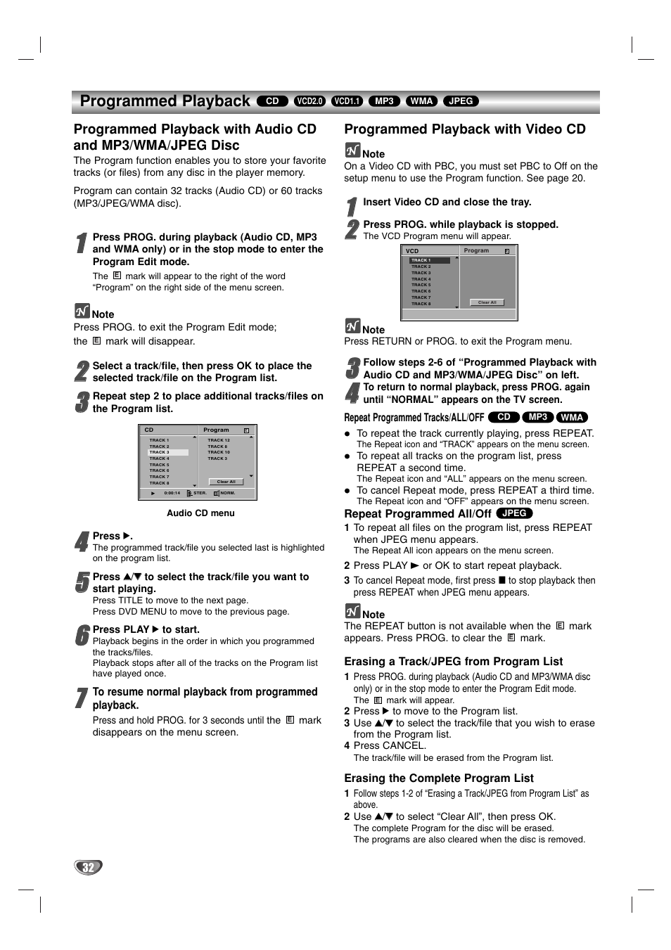 Programmed playback, Programmed playback with video cd | JVC 3834RP0093F User Manual | Page 32 / 41