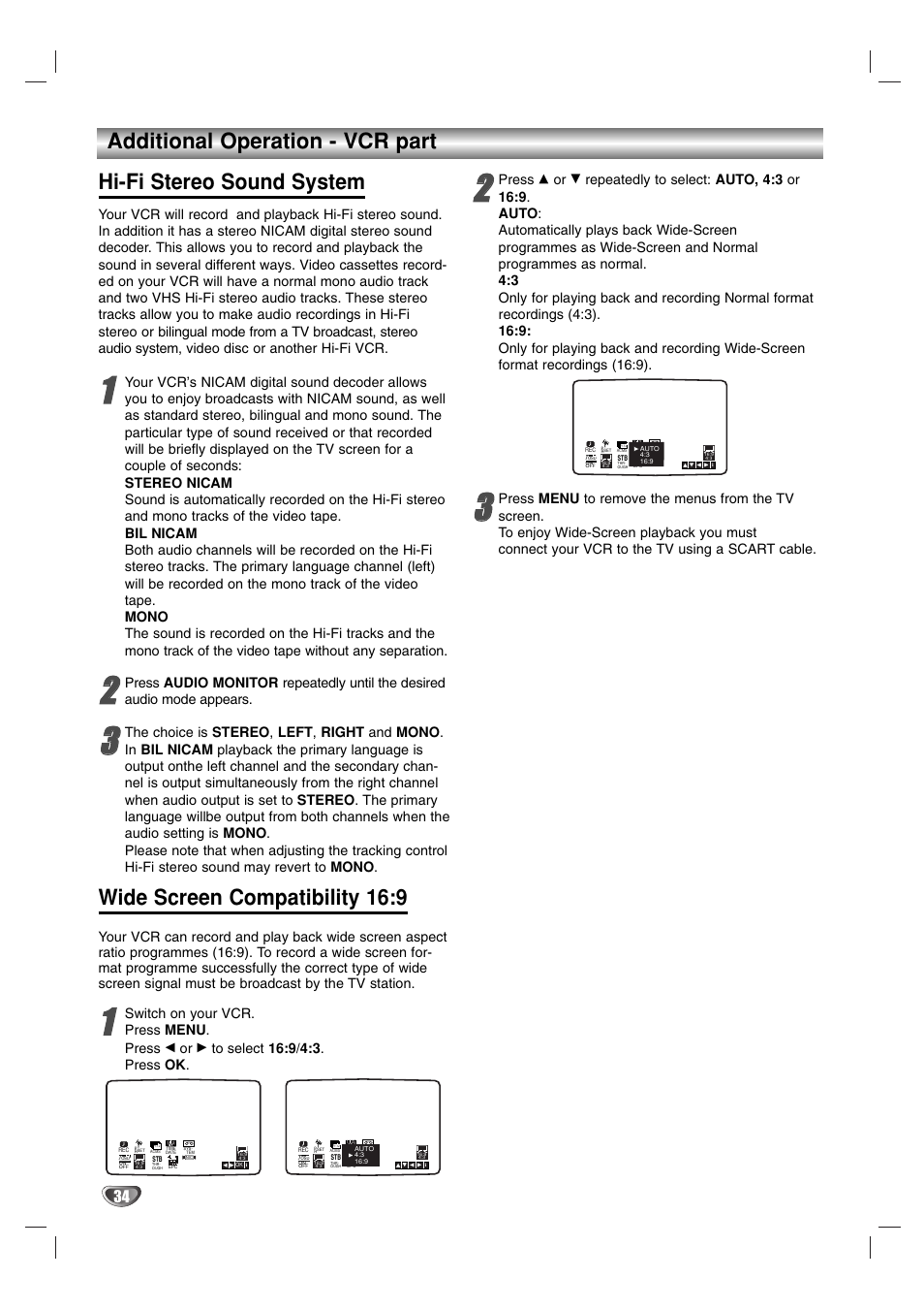 Wide screen compatibility 16:9, Switch on your vcr. press menu . press, Press | JVC 3834RP0093F User Manual | Page 34 / 41