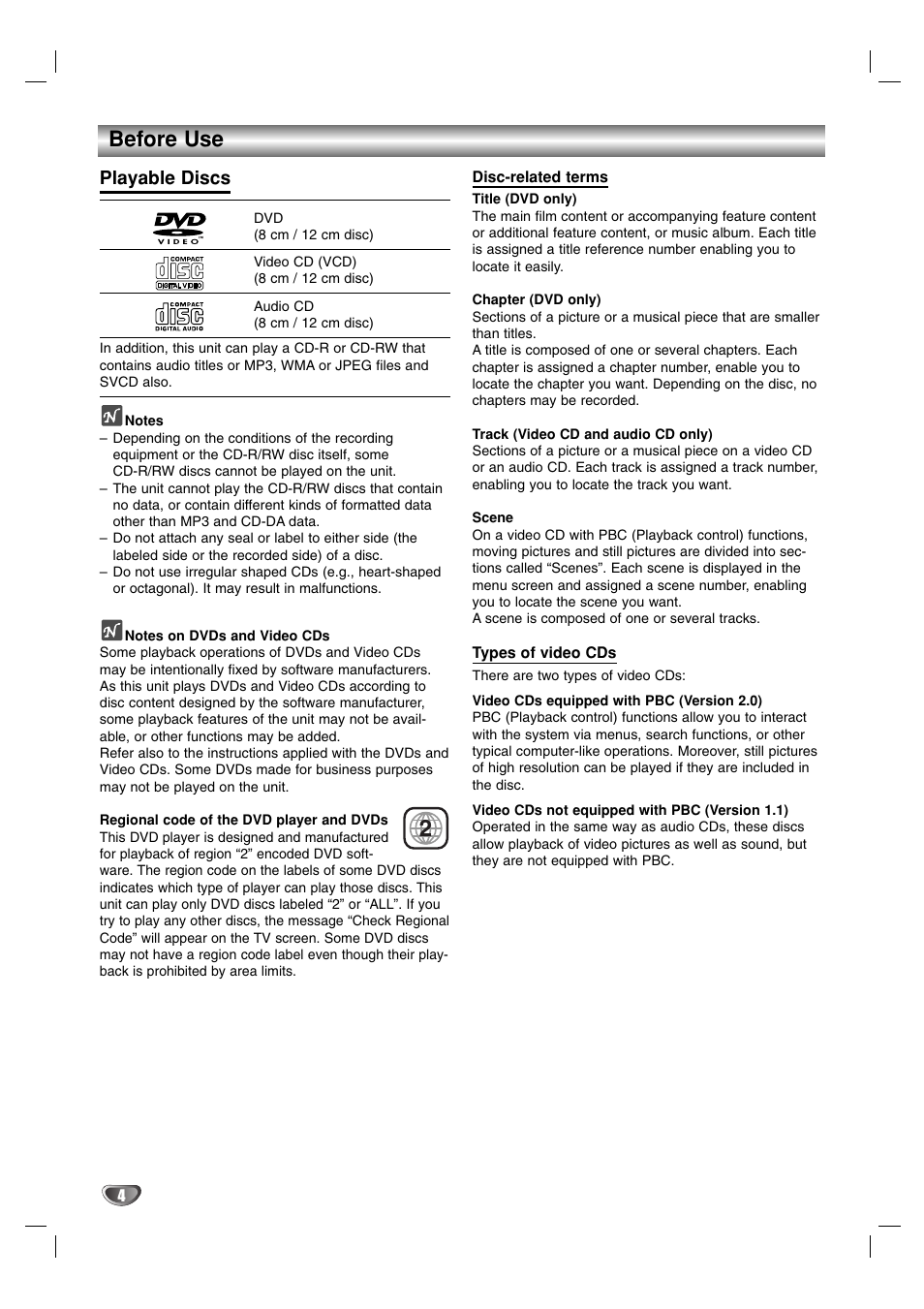 Before use, Playable discs | JVC 3834RP0093F User Manual | Page 4 / 41