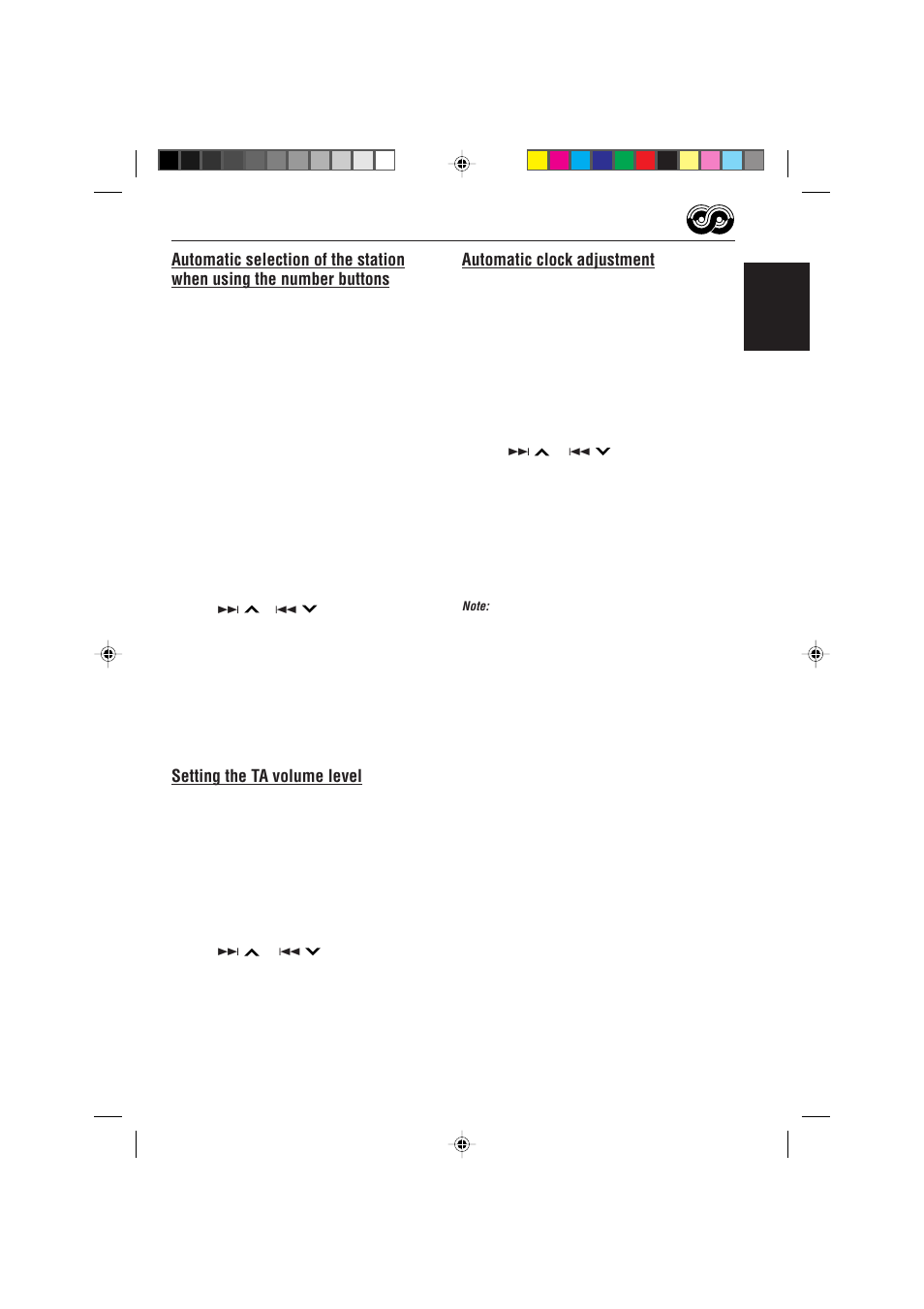 Setting the ta volume level, Automatic clock adjustment | JVC GET0075-001A User Manual | Page 17 / 54