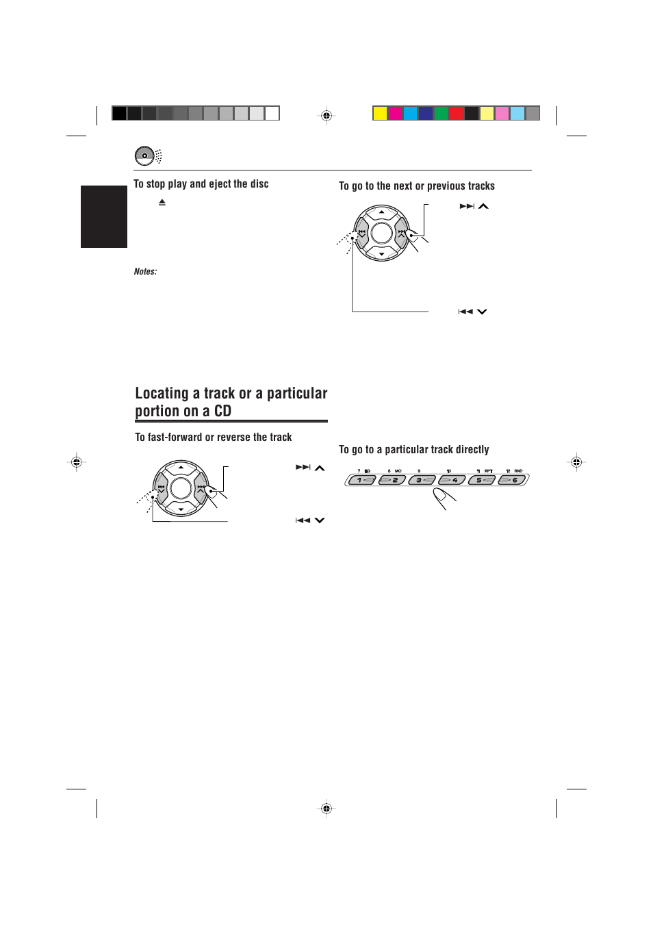 Locating a track or a particular portion on a cd, English to stop play and eject the disc | JVC GET0075-001A User Manual | Page 20 / 54