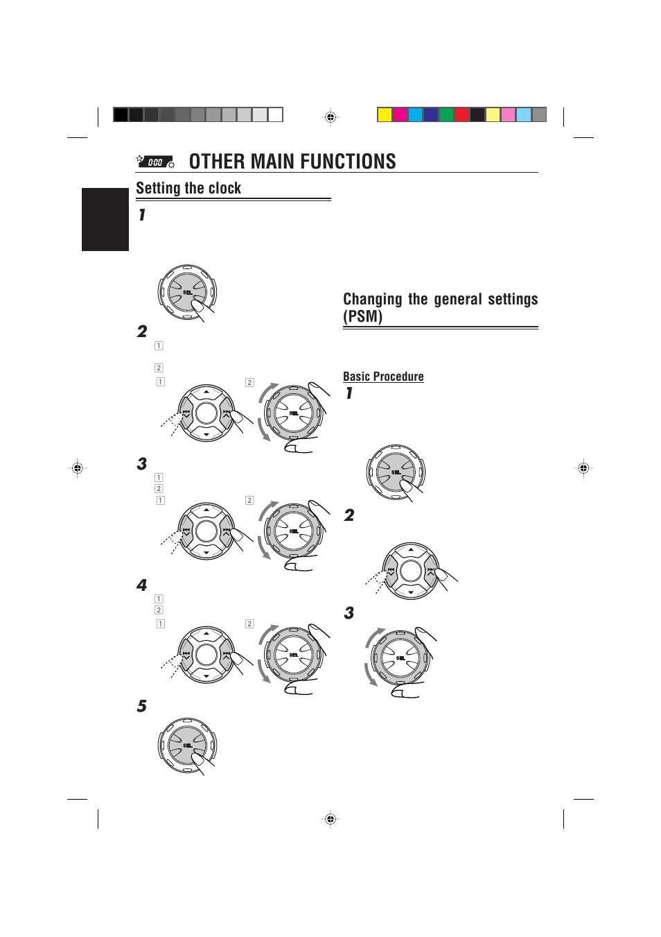 Other main functions, Setting the clock 1, Changing the general settings (psm) | JVC GET0075-001A User Manual | Page 32 / 54