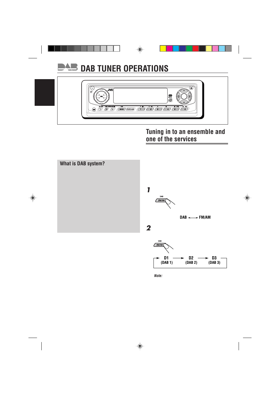Dab tuner operations, Tuning in to an ensemble and one of the services | JVC GET0075-001A User Manual | Page 42 / 54