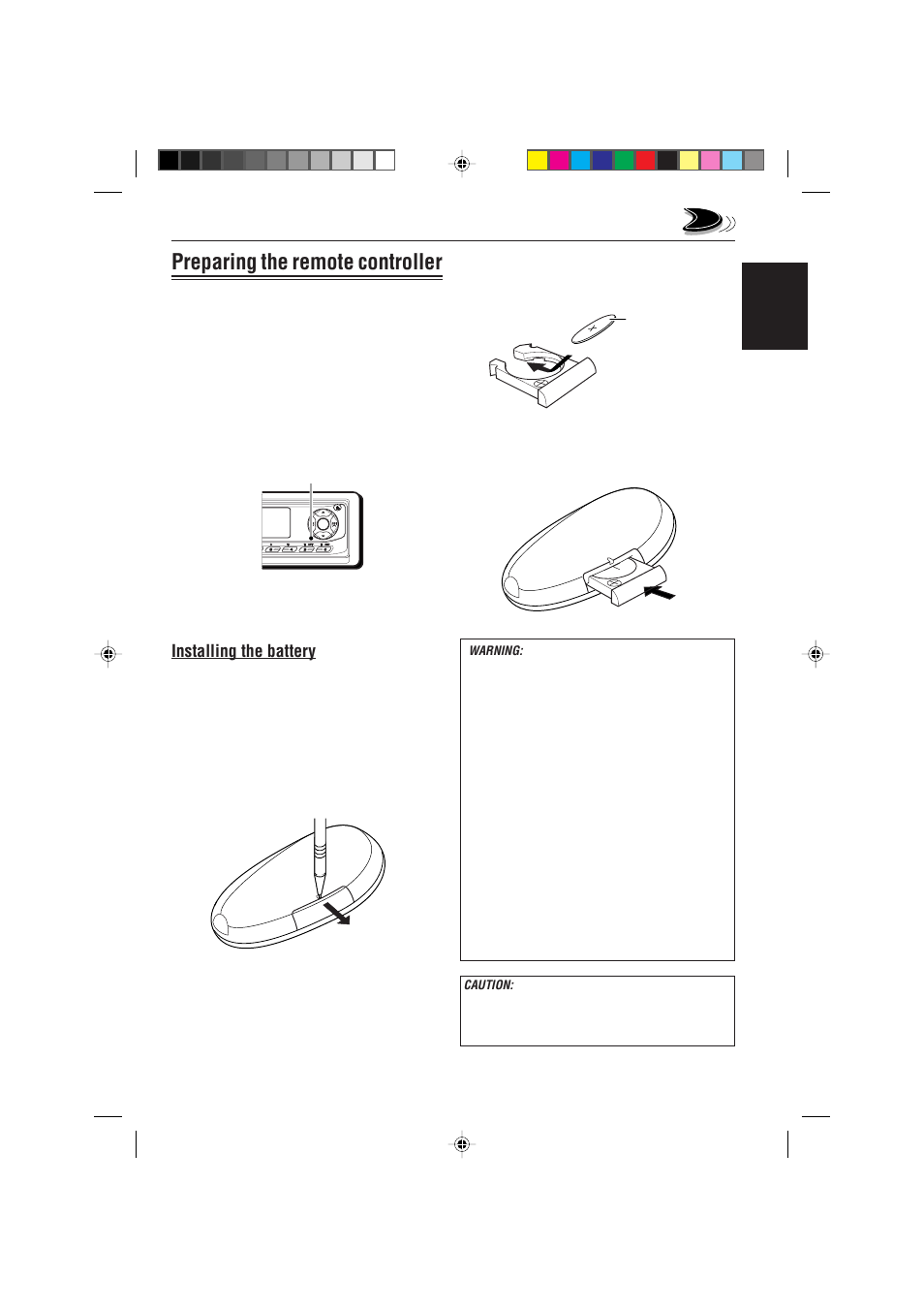 Preparing the remote controller, Installing the battery, English | JVC GET0075-001A User Manual | Page 5 / 54