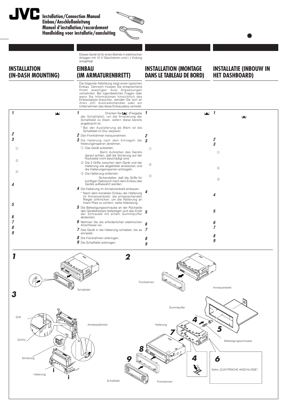 Installation, Kd-lh7r/kd-lh5r, Installation (in-dash mounting) | Einbau (im armaturenbrett), Installation (montage dans le tableau de bord), Installatie (inbouw in het dashboard) | JVC GET0075-001A User Manual | Page 51 / 54