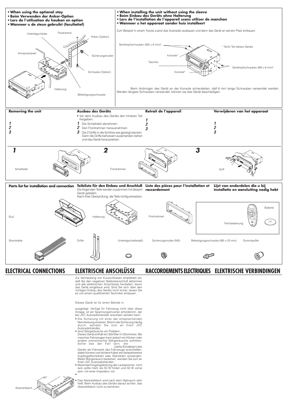 Raccordements electriques, Elektrische anschlüsse, Elektrische verbindingen | Electrical connections | JVC GET0075-001A User Manual | Page 52 / 54