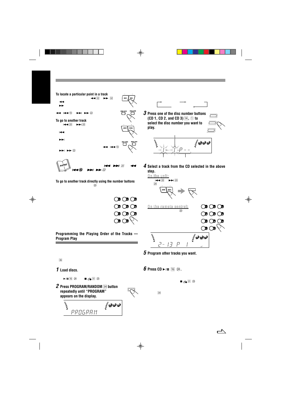 English, On the remote control, Load discs | Program other tracks you want, Press cd 6 y | JVC CA-MXJ787V User Manual | Page 16 / 39