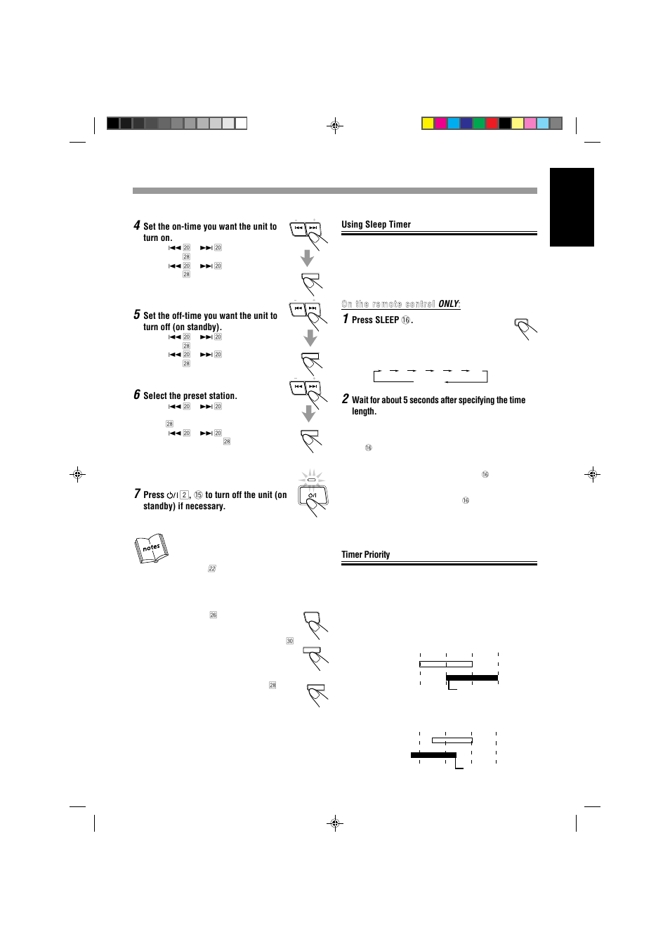 English, Set the on-time you want the unit to turn on, Select the preset station | Using sleep timer, On the remote control, On the remote control only, Press sleep, Timer priority | JVC CA-MXJ787V User Manual | Page 33 / 39