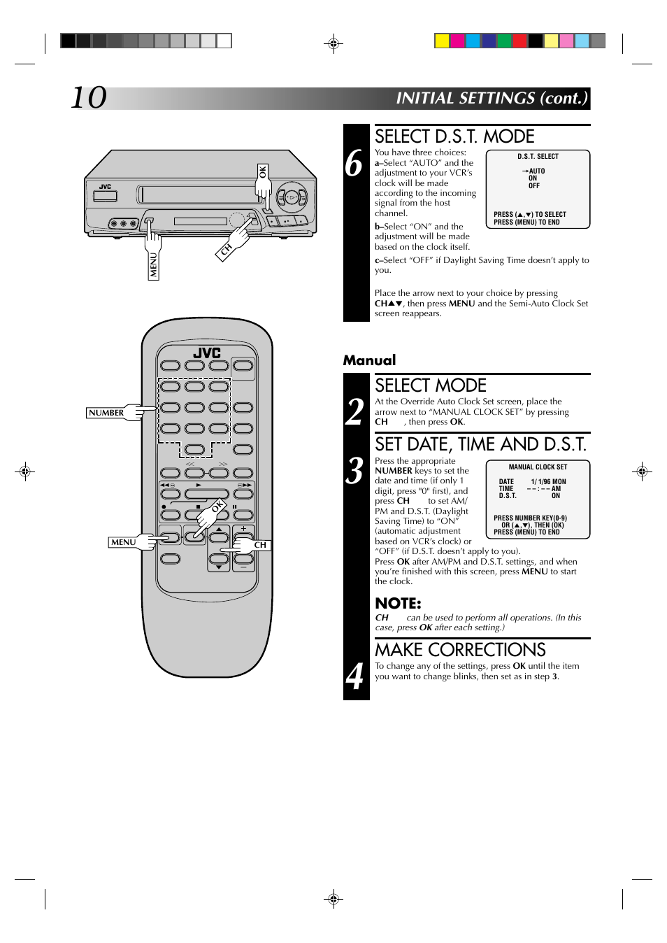 Select d.s.t. mode, Select mode, Set date, time and d.s.t | Make corrections, Initial settings (cont.), Manual | JVC HR-A62U User Manual | Page 10 / 44