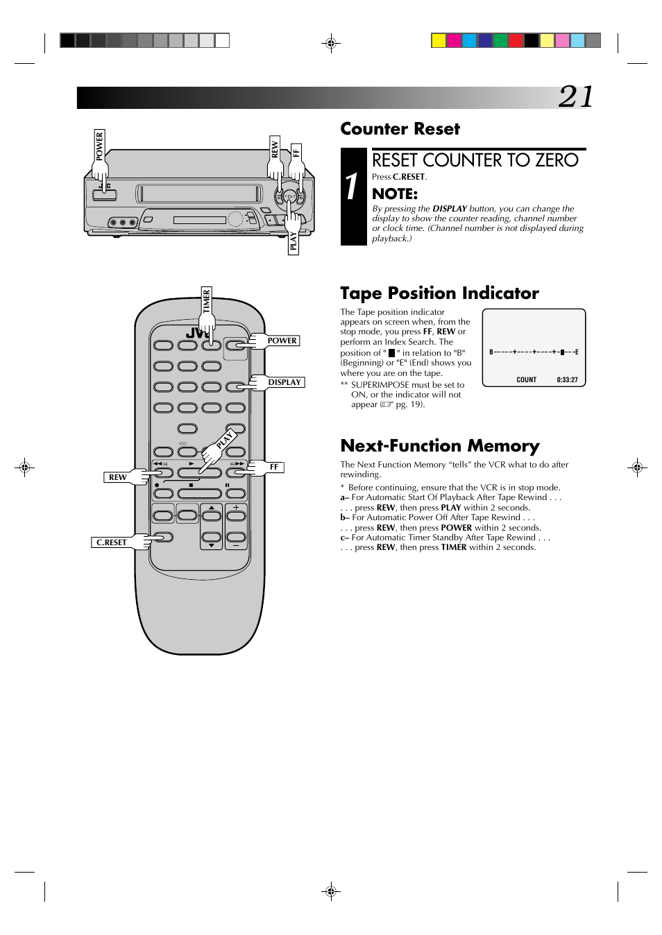Reset counter to zero, Counter reset, Tape position indicator | JVC HR-A62U User Manual | Page 21 / 44