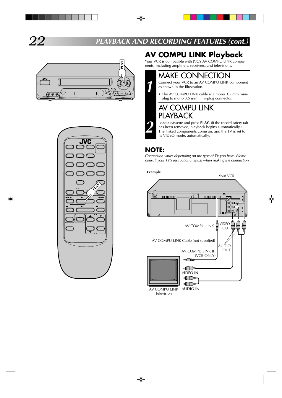 Make connection, Av compu link playback, Playback and recording features (cont.) | JVC HR-A62U User Manual | Page 22 / 44