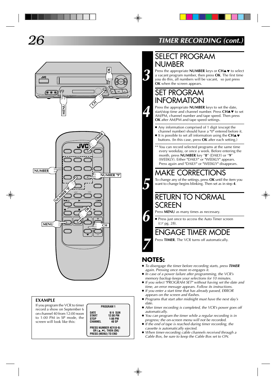 Select program number, Set program information, Make corrections | Return to normal screen, Engage timer mode, Timer recording (cont.) | JVC HR-A62U User Manual | Page 26 / 44