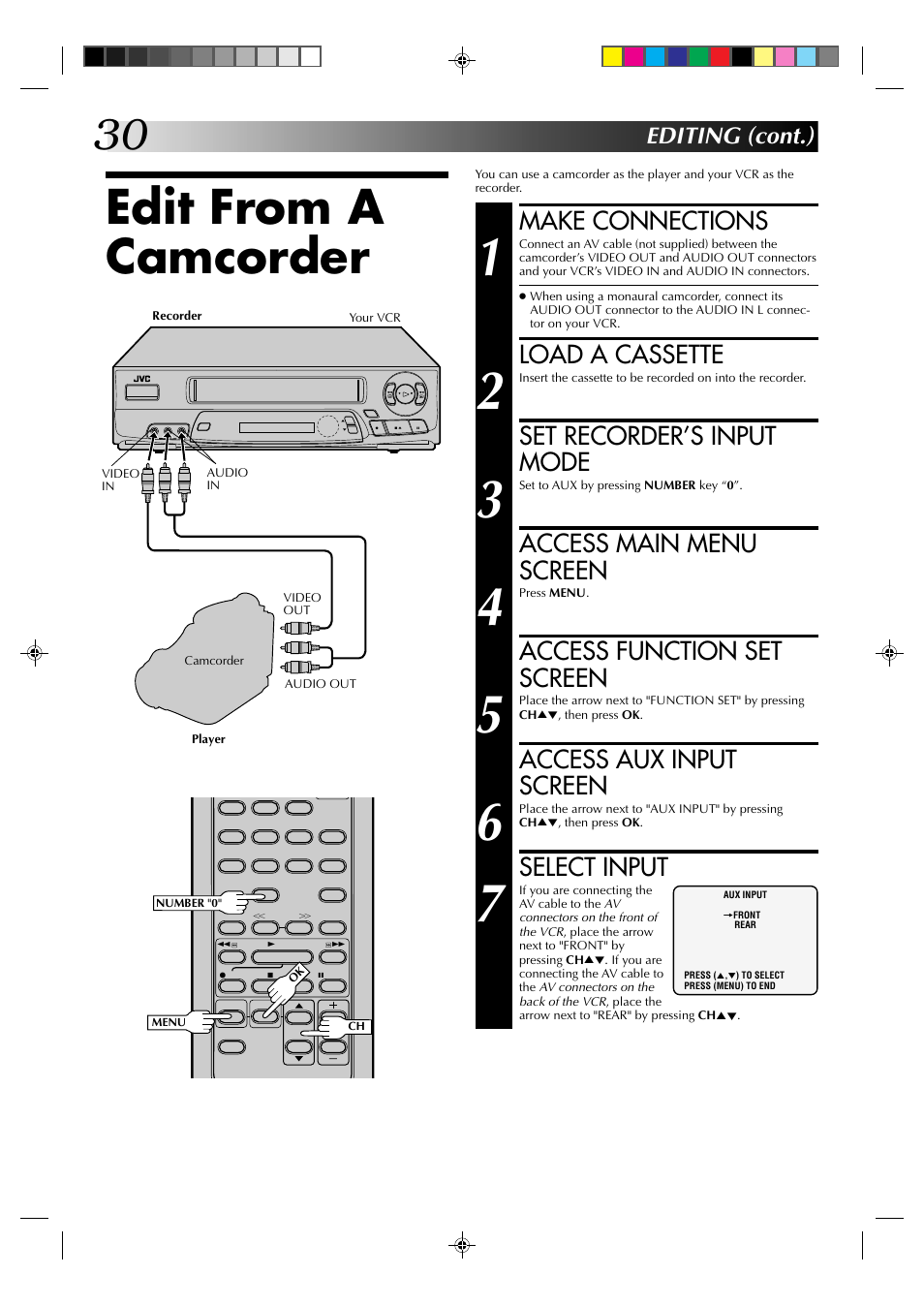 Edit from a camcorder, Make connections, Load a cassette | Set recorder’s input mode, Access main menu screen, Access function set screen, Access aux input screen, Select input, Editing (cont.) | JVC HR-A62U User Manual | Page 30 / 44