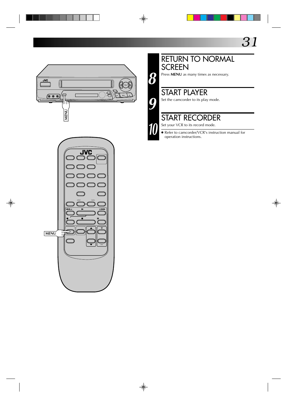 Return to normal screen, Start player, Start recorder | JVC HR-A62U User Manual | Page 31 / 44
