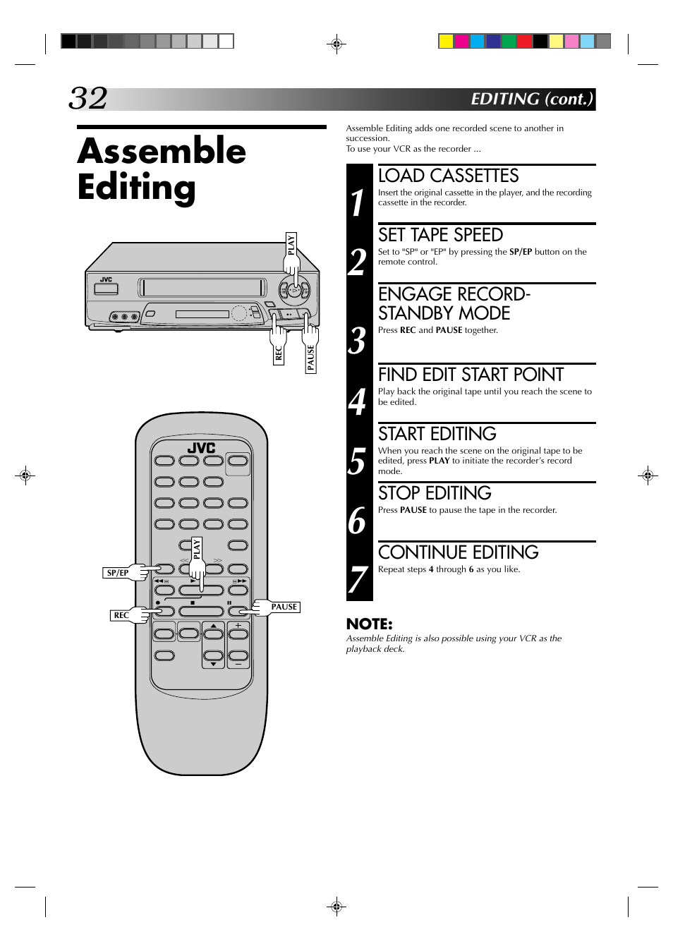 Assemble editing, Load cassettes, Set tape speed | Engage record- standby mode, Find edit start point, Start editing, Stop editing, Continue editing, Editing (cont.) | JVC HR-A62U User Manual | Page 32 / 44
