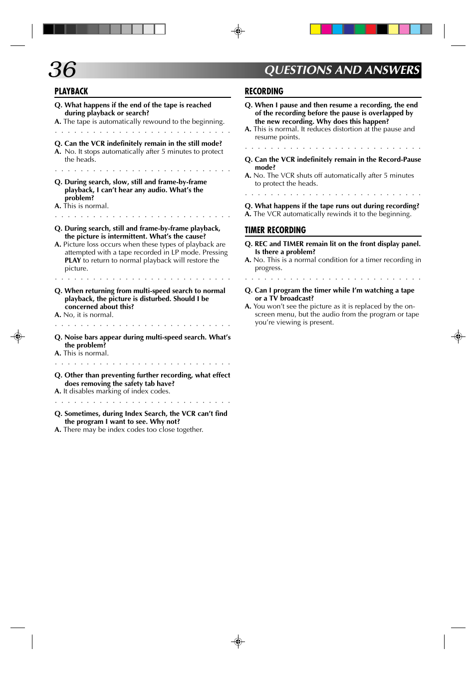 Questions and answers | JVC HR-A62U User Manual | Page 36 / 44