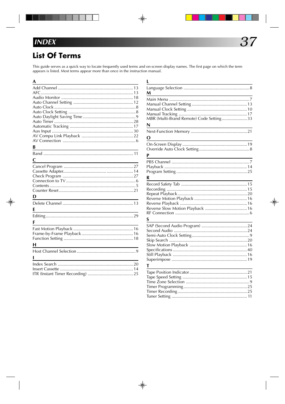 Index list of terms | JVC HR-A62U User Manual | Page 37 / 44